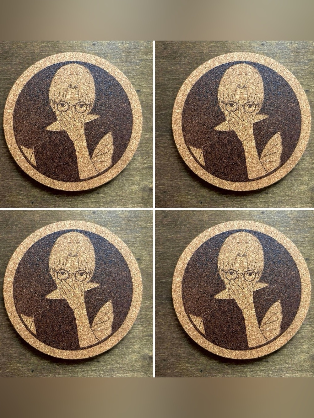 Naruto Kabuto Laser Engraved Cork Coasters Lot of 4